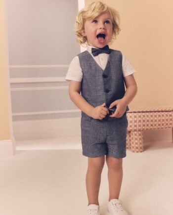 Navy Cotton/Linen Blend Waistcoat, Shirt, Short & Bow Tie Set (3mths-9yrs)