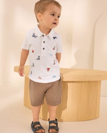 White All-Over-Embroidered Polo Shirt & Shorts Set (3mths-7yrs)