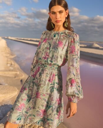 V&A I Love & Roses Sage Floral Metallic Ruffle Detail Mini Dress