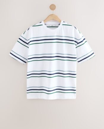 White Relaxed Fit Stripe Heavyweight 100% Cotton T-Shirt