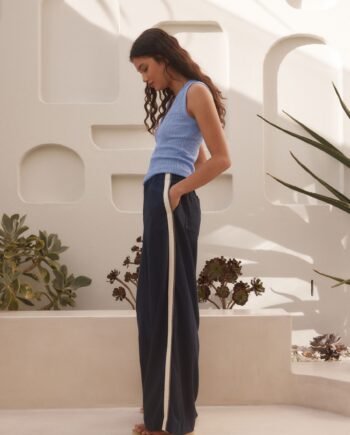 Navy Side Stripe Wide Leg Linen Rich Trousers