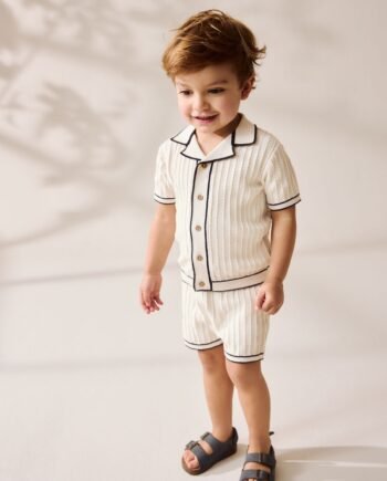Ecru Knitted Button Through Polo Shirt and Shorts Set (3mths-10yrs)