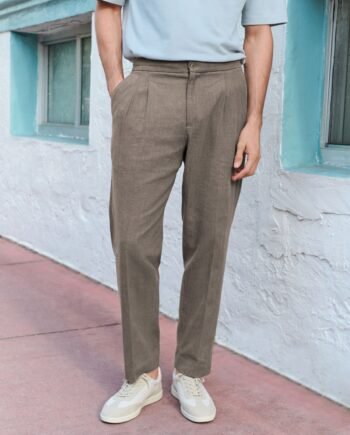 Mushroom Brown Smart Linen Look Trousers With Internal Drawcord